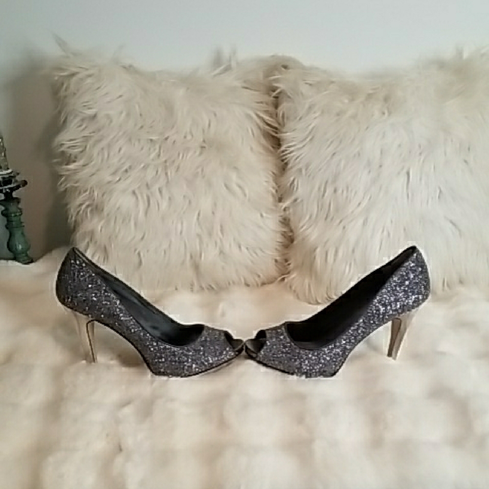 Nine West Glittering Silver Peep-Toe Heels